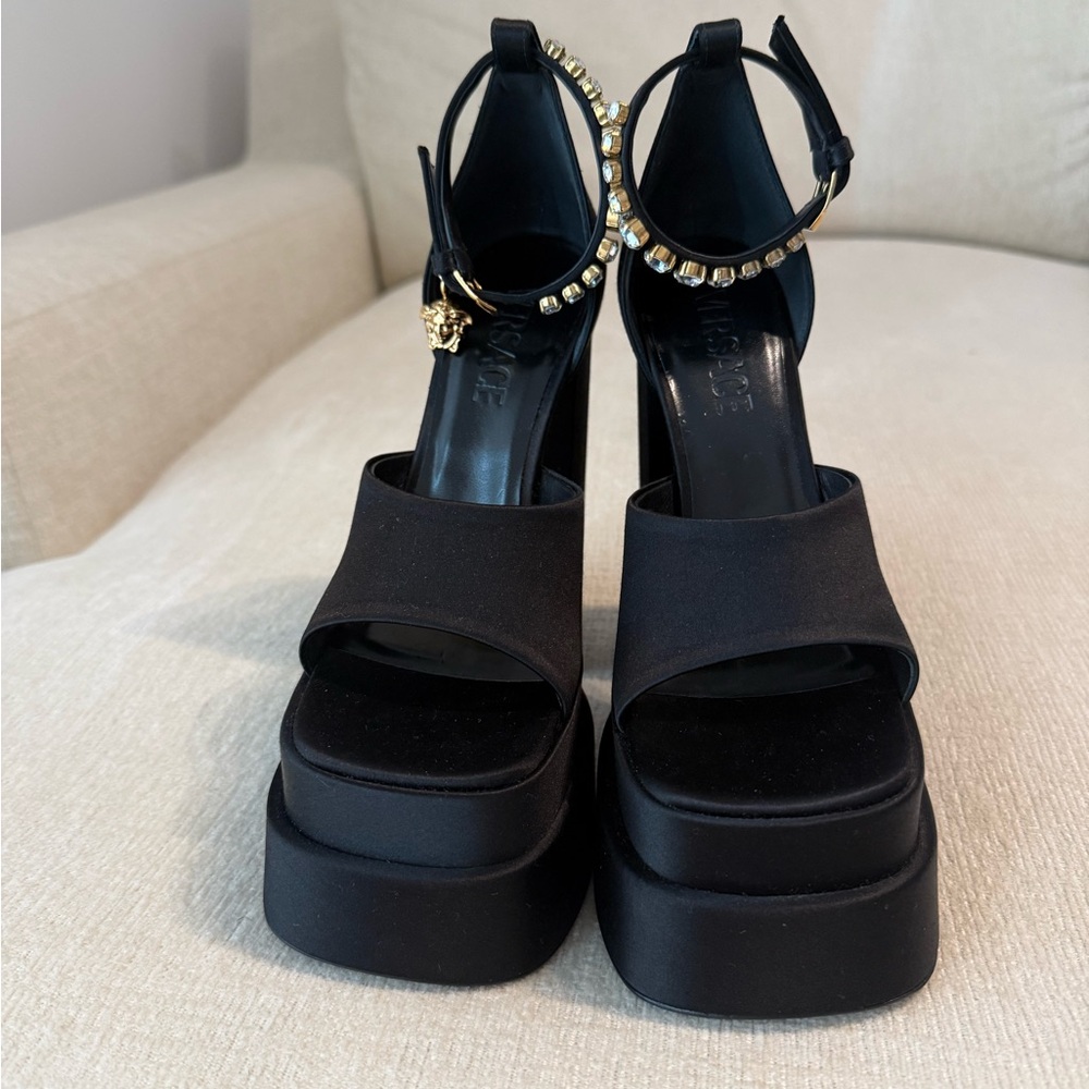 Versace Black Heels with Gold Embellishments